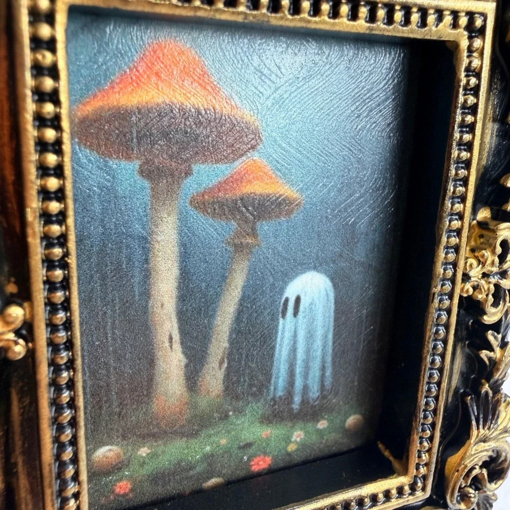 Miniature Ghost and Mushroom Art Print in Ornate Black and Gold Resin Frame